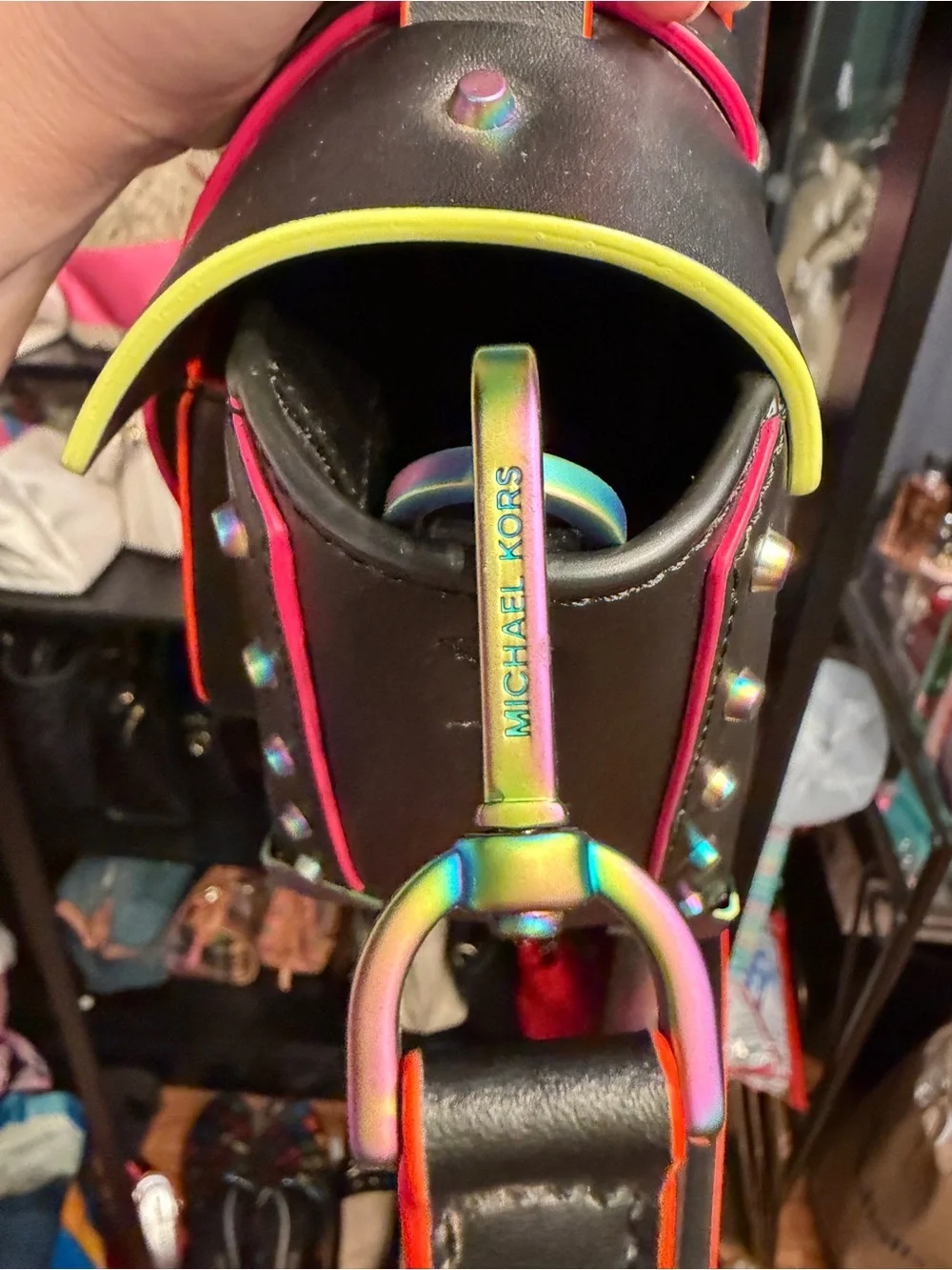 Michael Kors Black Satchel with Neon Rainbow Hardware